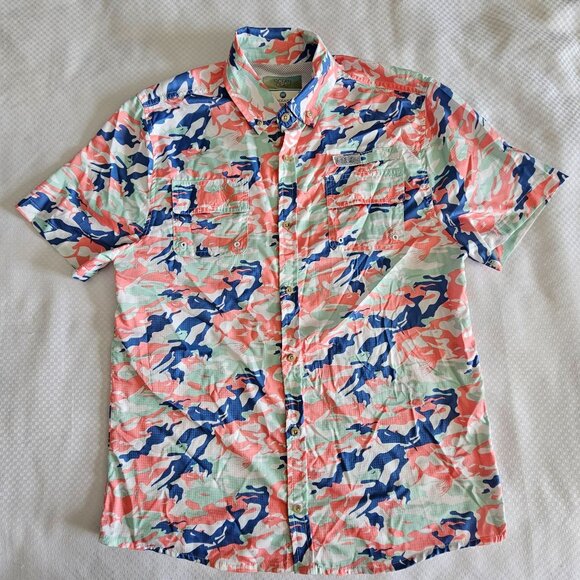 Ocean Coast Mens Short-Sleeve Button-Up Shirt Camouflage Pink Green Blue XL - Picture 1 of 8